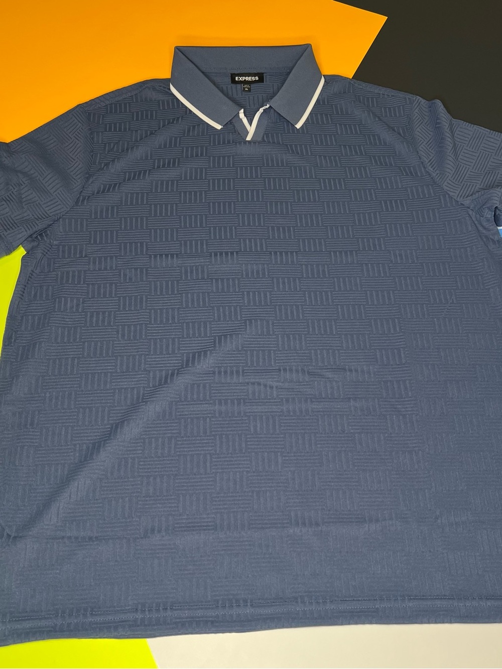 Express Men's Slate Blue Polo with White-Trim Collar - Picture 2 of 7